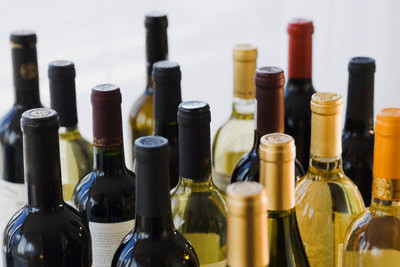 Close up of assorted wine bottles